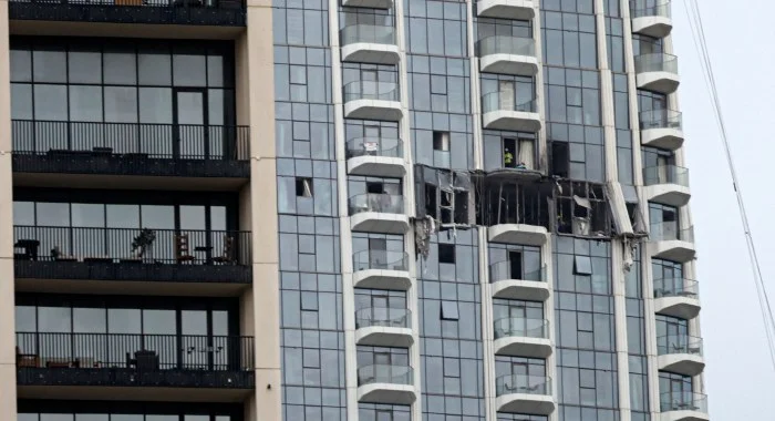 Damage to the Dubai Creek Harbour Tower after an Iranian drone attack.