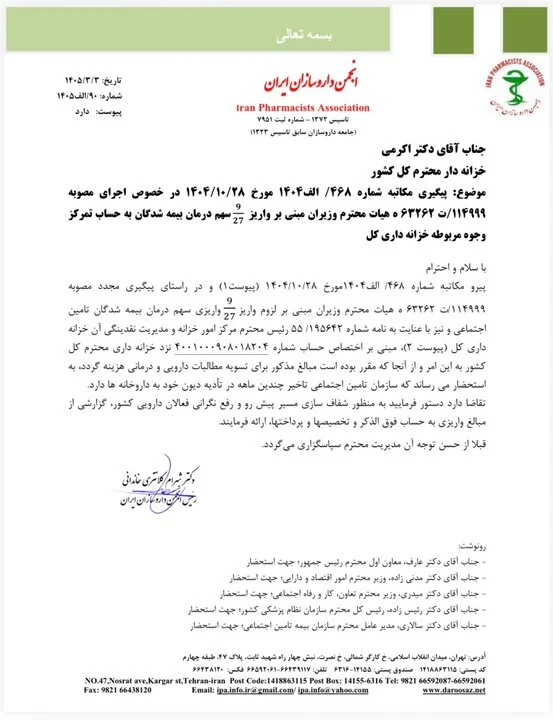 درخواست از خزانه داری برای واریز سهم درمان+نامه