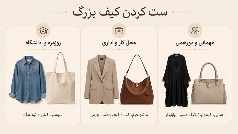کیف بزرگ با چه مانتویی ست میشه؟ ست کردن با کیف اورسایز ست کردن کیف بزرگ برای موقعیتهای مختلف