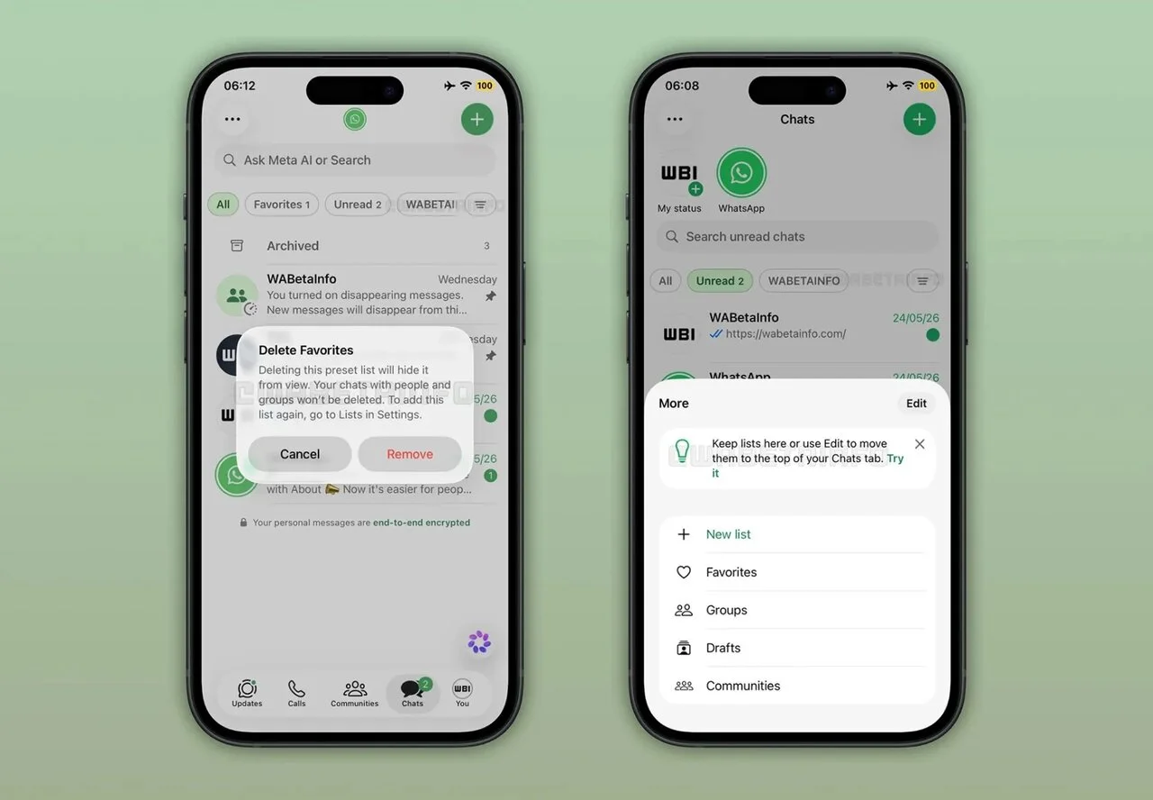 فهرست چت‌ها در واتساپ